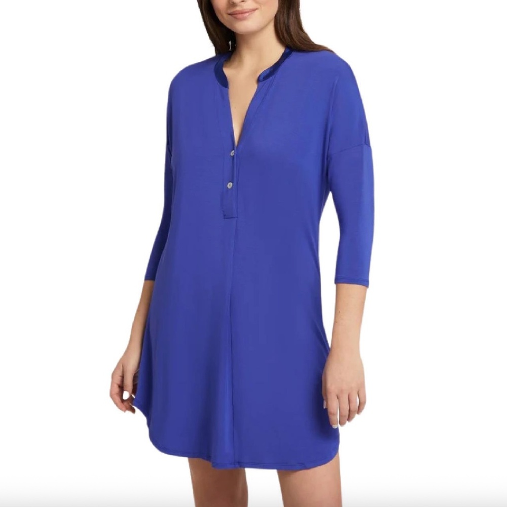 NEW fleur't Dolman 3/4 Sleeve Soft Satin Collar Button Nightshirt 6004 Sapphire